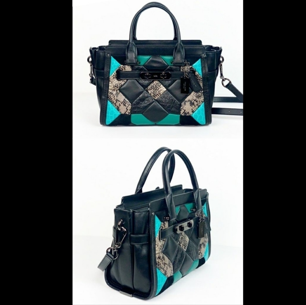 Coach 38365 Cayon quilt SeaggerExotic Stylish 27 Black and Teal Handbag